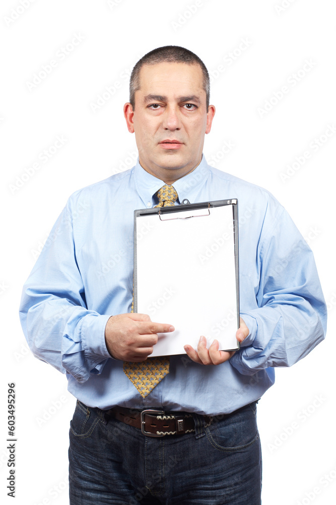 Businessman showing a blank clipboard, over a white background Businessman showing a blank clipboard, over a white background