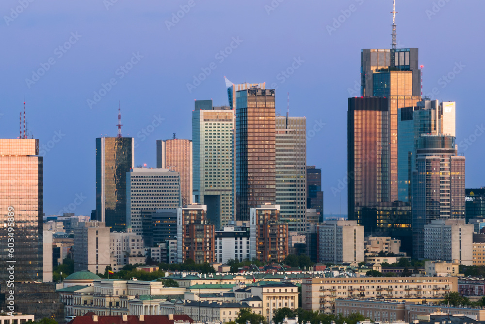 Obraz premium Aerial panorama of Warsaw city during sunset.