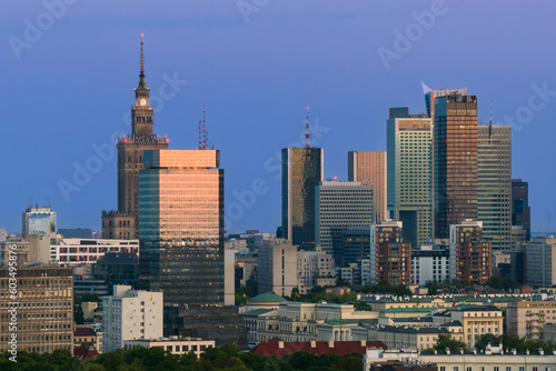 Aerial panorama of Warsaw city during sunset.