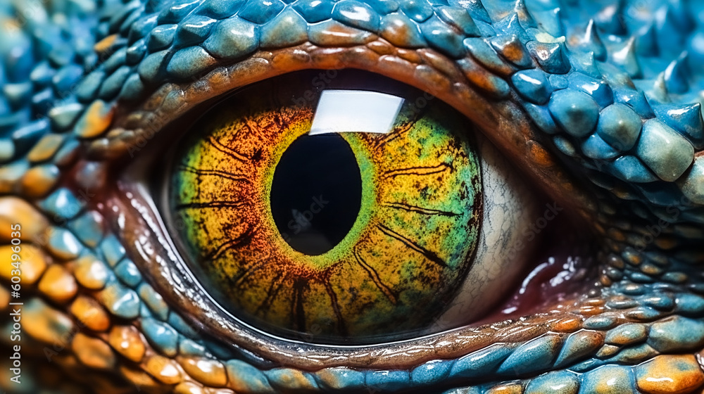Obraz premium close up of a chameleon, iguana, dragon, monster, evil, eyes, wide angle, canon, nikon, rokinon, f 1.2, shot, pupila, ojo, reptil, head, animal, zoo, african, asian, escamas, cammo