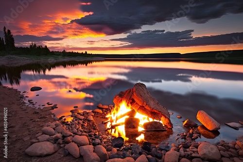 beachside fire pit with a serene lake view. Generative AI © 2rogan