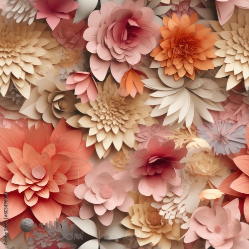 Digital illustration of a seamless tile pattern, colorful paper flowers, joyful palette, square orientation, generative AI  © Carl & Heidi