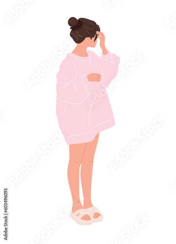 Cute young girl in pink oversize shirt. Isolated vector art of young woman.