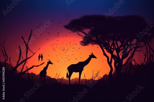 Abstract  Savana landscape   sunset and animals generative AI