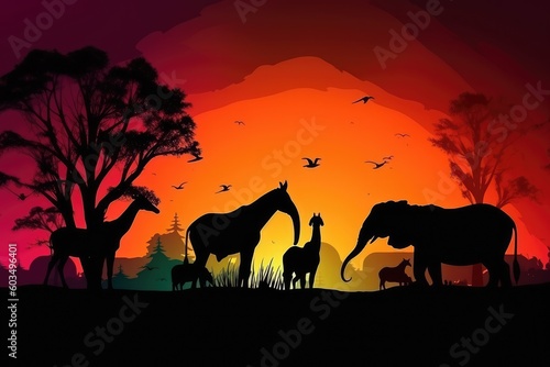 Abstract  Savana landscape   sunset and animals generative AI