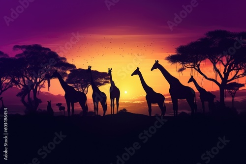 Abstract Savana landscape , sunset and animals generative AI