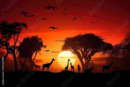 Abstract  Savana landscape   sunset and animals generative AI