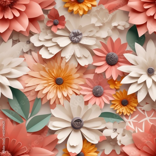 Digital illustration of a seamless tile pattern, colorful paper flowers, joyful palette, square orientation, generative AI 