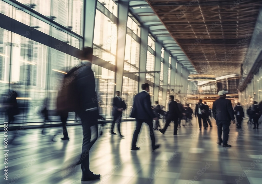 Group of business people rushing in the lobby. motion blur, AI Generated