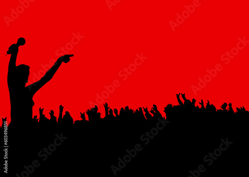 female leading the crowd at a rock concert on a red background