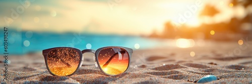 Tropical summer sand beach and bokeh sun light on sea background. Generative AI