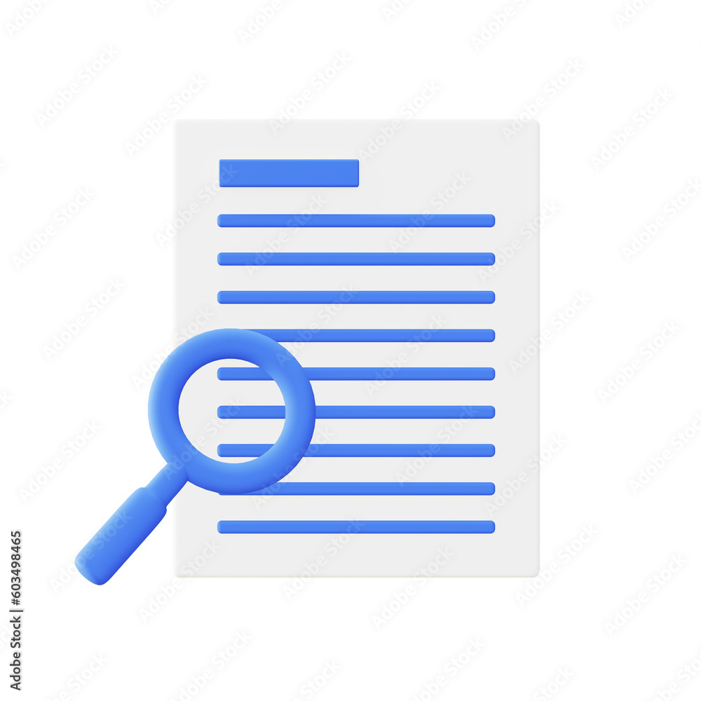 3d illustration icon of blue searching document file with magnifying glass 3d illustration icon of blue searching document file with magnifying glass