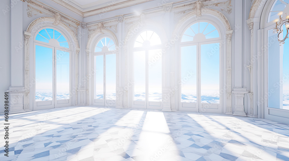 White Palace Marble Luxury Interior Wide Room with Sunny Blue Windows. AI generative White Palace Marble Luxury Interior Wide Room with Sunny Blue Windows. AI generative