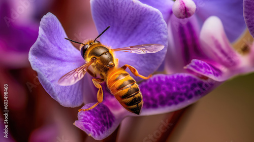 Honey bee pollinating a stunning lavender orchid flower. Generative AI photo