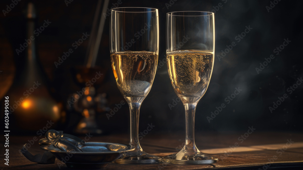 christmas story. two glasses of champagne. Copyspace. Generative AI christmas story. two glasses of champagne. Copyspace. Generative AI
