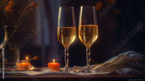 christmas story. two glasses of champagne.  Copyspace. Generative AI