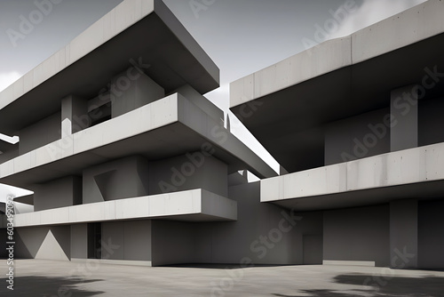 illustration of a modern concrete minimalist brutalist building with an angular geometric facade. generative ai