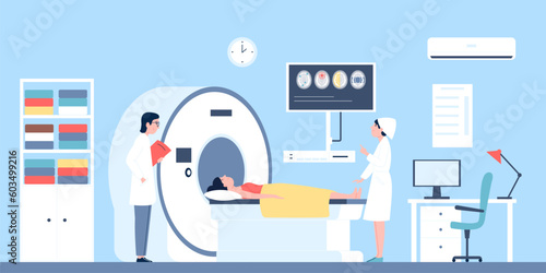 Magnetic resonance imaging in modern clinic with doctor. Brain scan, computed tomography or mri. Healthcare, check up in hospital recent vector scene