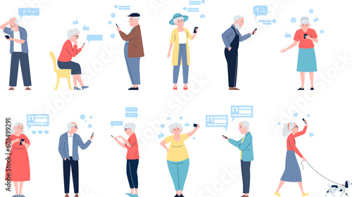 Seniors using smartphones. Modern elderly communicated with gadgets, chatting and scrolling. Grandparents flat characters, recent vector set
