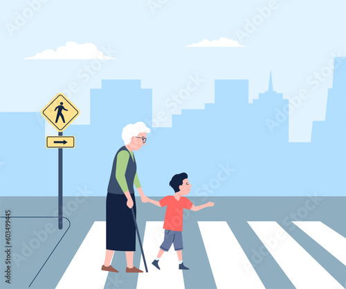 Polite child, courtesies and kindness. Good manner, kid helping senior person cross the road. Behavior younger with older recent vector scene