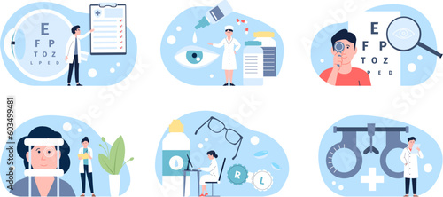 Ophthalmologist doctors, ophthalmology instrument and clinic for eye health concept. Vision check up, drops and glasses. Optometry recent vector scene