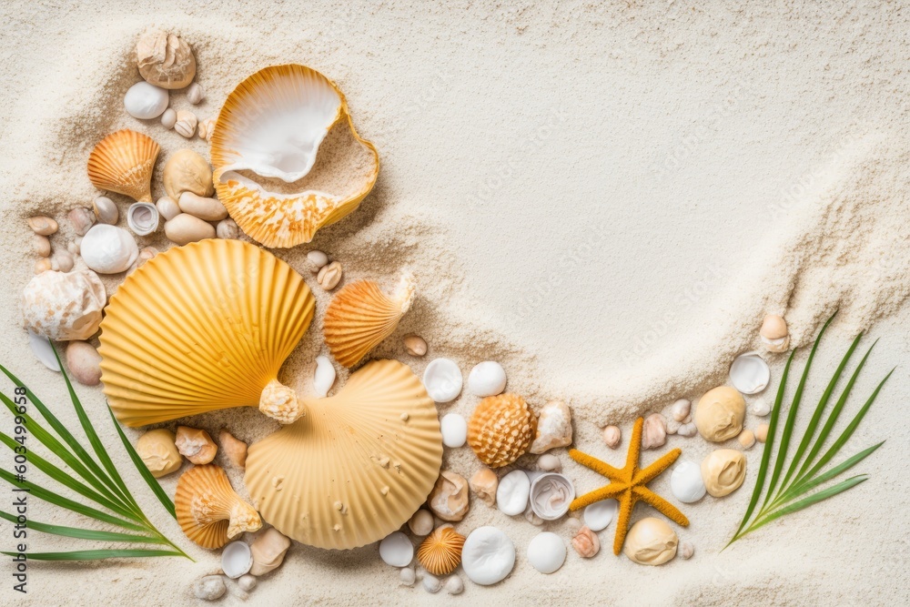 seashells and starfish on a sandy beach with blue ocean in the background. Generative AI seashells and starfish on a sandy beach with blue ocean in the background. Generative AI