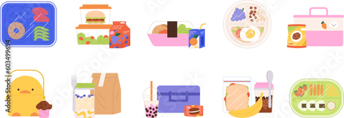 Children lunch box, snack set. Backpack food, sandwich bread, fruits and drinks. Kindergarden or school breakfast, take away meals racy vector set