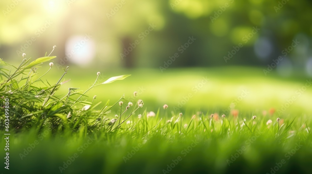 Fresh spring sunny garden against the backdrop of green grass, flowers and bokeh blurred foliage. Generative AI Fresh spring sunny garden against the backdrop of green grass, flowers and bokeh blurred foliage. Generative AI