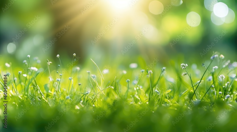 Fresh spring sunny garden against the backdrop of green grass, flowers and bokeh blurred foliage. Generative AI