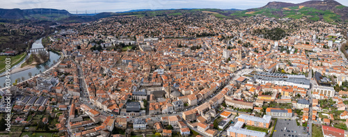 Aerial above the old town of Millau in France on a sunny day in early spring.