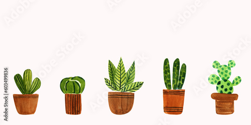 Set of watercolor decorative houseplants in pots.