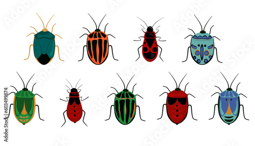 Set of beetles, insects. Bright bugs of various colors. Vector graphics.