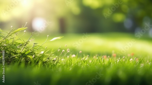 Fresh spring sunny garden against the backdrop of green grass, flowers and bokeh blurred foliage. Generative AI