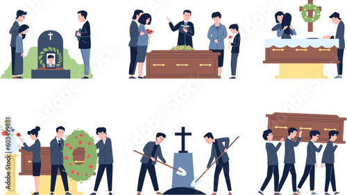 Funeral graphics, family mourning and memorial ceremony. People and death, burial and memories. Mortal service, flat recent vector scenes