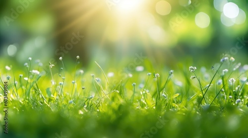 Fresh spring sunny garden against the backdrop of green grass, flowers and bokeh blurred foliage. Generative AI