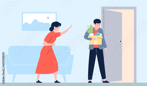 Family divorce, man leave home with things in box. Cartoon flat woman screaming at the sad male character. Couple break up vector scene