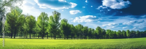 Beautiful blurred background image of spring nature with a neatly trimmed lawn surrounded by trees against a blue sky with clouds on a bright sunny day. Generative AI