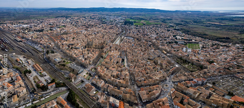 Aerial view around the old town of the city Narbonne in France on a sunny day in early spring 