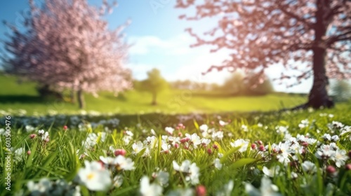 Beautiful blurred background image of spring nature surrounded by flowering trees and flowers against a blue sky with clouds on a bright sunny day. Generative AI