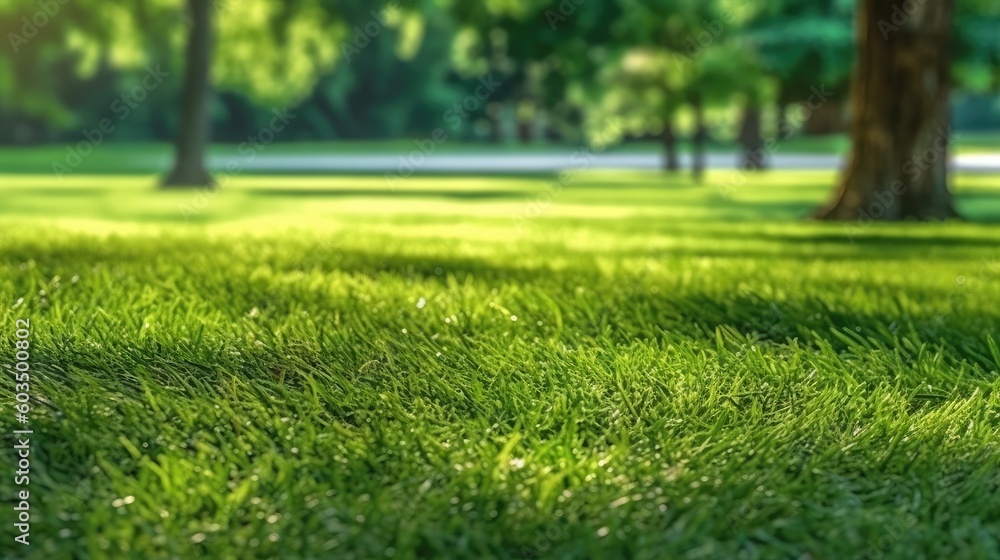 Lawn, meadow, trimmed green grass, summer sun on the grass, fresh texture. Generative AI