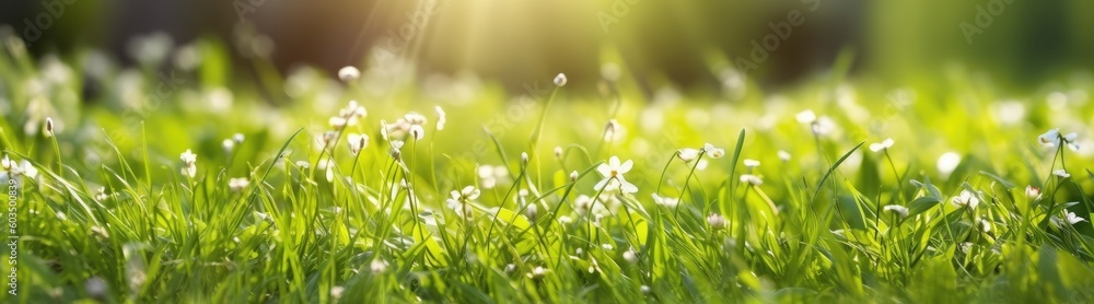 Fresh spring sunny garden against the backdrop of green grass, flowers and bokeh blurred foliage. Generative AI Fresh spring sunny garden against the backdrop of green grass, flowers and bokeh blurred foliage. Generative AI