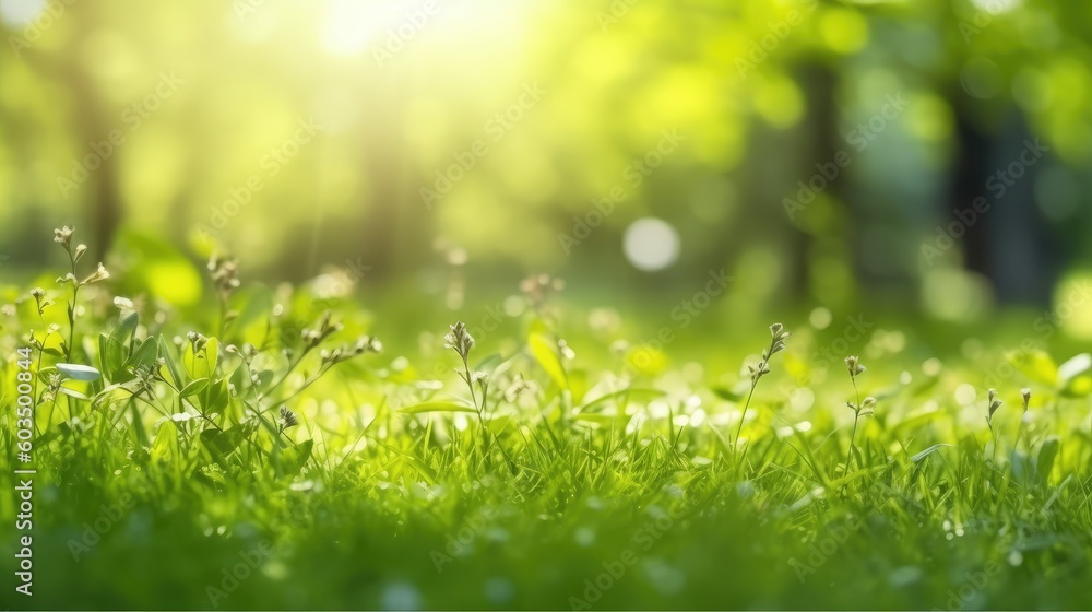 Fresh spring sunny garden against the backdrop of green grass, flowers and bokeh blurred foliage. Generative AI Fresh spring sunny garden against the backdrop of green grass, flowers and bokeh blurred foliage. Generative AI