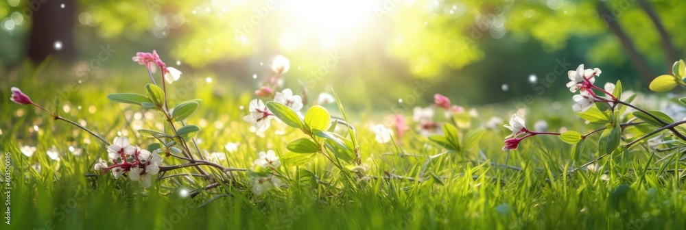 Fresh spring sunny garden against the backdrop of green grass, flowers and bokeh blurred foliage. Generative AI