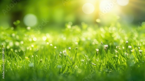 Fresh spring sunny garden against the backdrop of green grass  flowers and bokeh blurred foliage. Generative AI