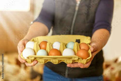 A female farmer shows an egg carton full with fresh eggs into the camera, henhouse background