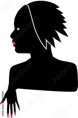 Silhouette logo of a beautiful girl in black on a white background with bright red lips and nails