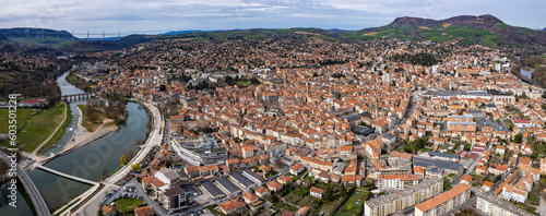 Aerial around the city Millau on a sunny day in early spring.