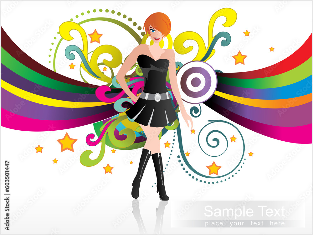 vector illustration, wavy background with shopping girl and floral vector illustration, wavy background with shopping girl and floral