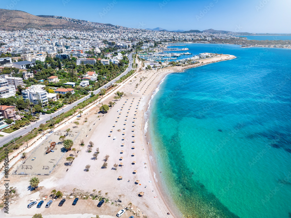 Aerial view of the Glyfada coast, south Athens, Greece, with beaches, marinas and turquoise sea