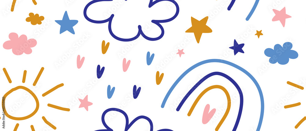 Colorful Hand Drawn Abstract Doodles Seamless Vector Pattern.  Rainbow, Sun, Cloud, Hearts and Stars Isolated on a White Background. Simple Irregular Chilish Style Repeatable Drawing of Sky.